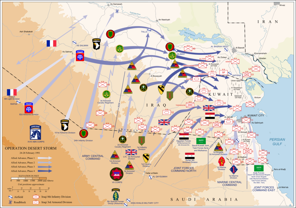 Map of ground operations of Operation Desert Storm starting invasion February 24-28th 1991. Shows allied and Iraqi forces. Special arrows indicate the American 101st Airborne division moved by air and where the French 6st light division and American 3rd Armored Cavalry Regiment provided security. Image created by Jeff Dahl and reposted under the terms of the GNU Free Documentation License, Version 1.2.