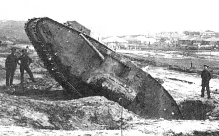 British Mark III Tank in ditch, 1917 [Wikimedia Commons]