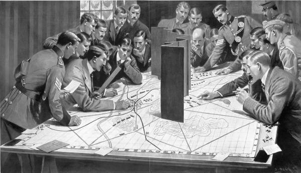 Group of English gentlemen and soldiers of the 25th London Cyclist Regiment playing the newest form of wargame strategy simulation called “Bellum” at the regimental HQ. (Google LIFE Magazine archive.)