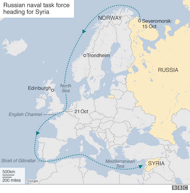 The Kuznetsov's projected course from Russia to Syria. {BBC)