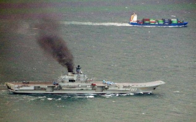  The super-stealthy Admiral Kuznetzov passes stealthily through the English Channel near Kent Credit: Jim Bennett for The Telegraph 