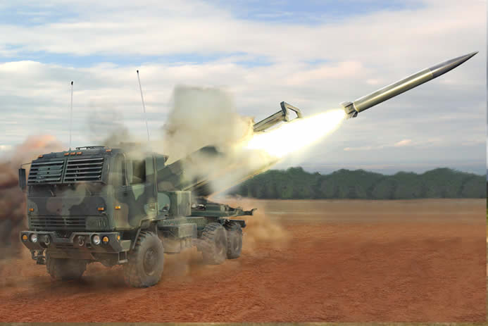 Raytheon’s new Long-Range Precision Fires missile is deployed from a mobile launcher in this artist’s rendering. The new missile will allow the Army to fire two munitions from a single weapons pod, making it cost-effective and doubling the existing capacity. (Ratheon)